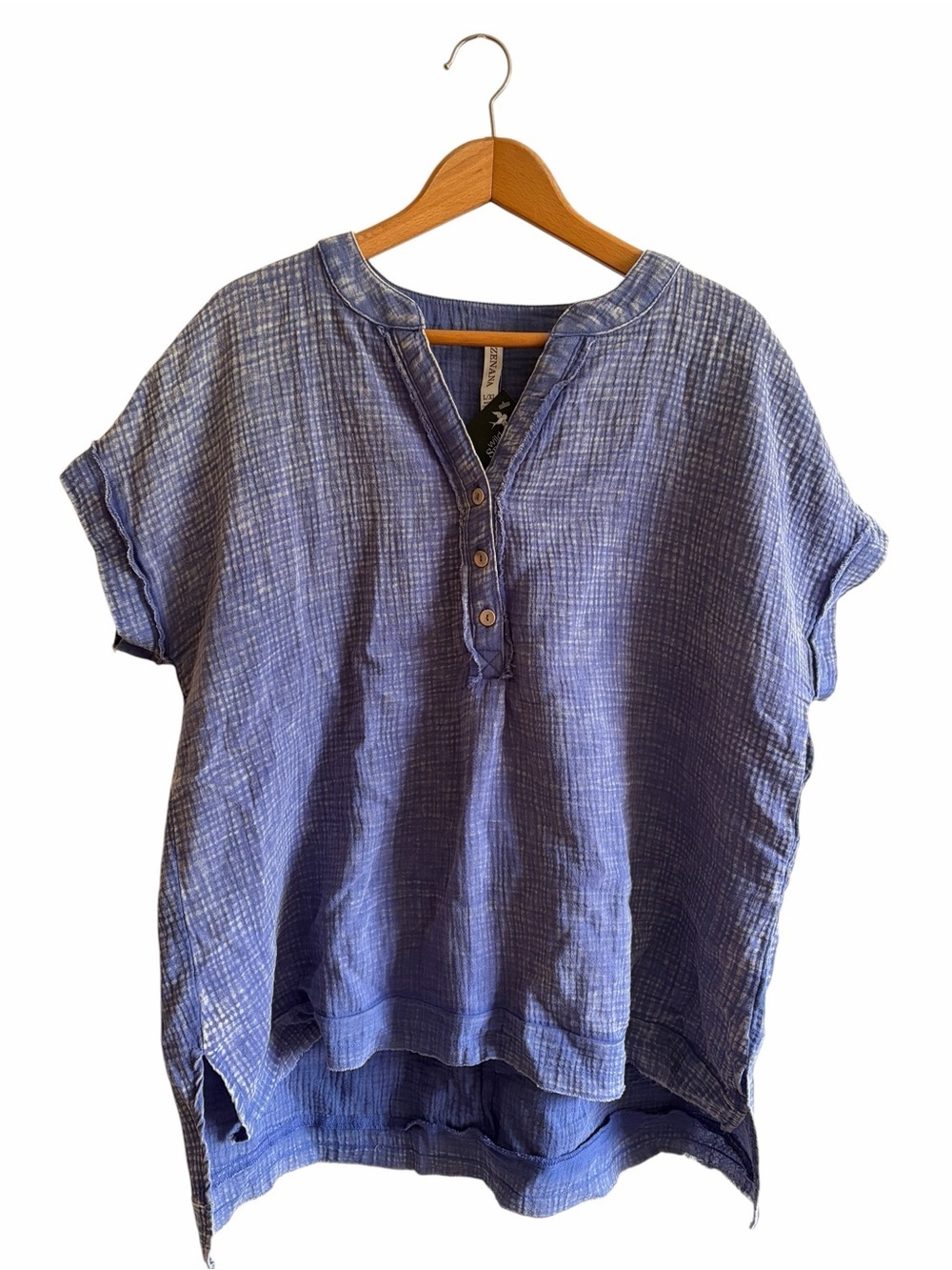 Boho Baggy Short-Sleeve Henley Tunic 100% Cotton Sz L/XL